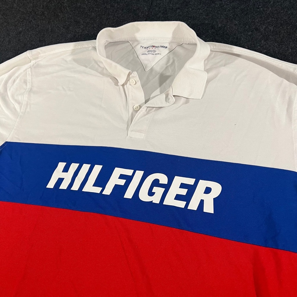 Tommy Hilfiger Sport Polo Mens 3XL White Blue Red Colorblock Big Logo Shirt